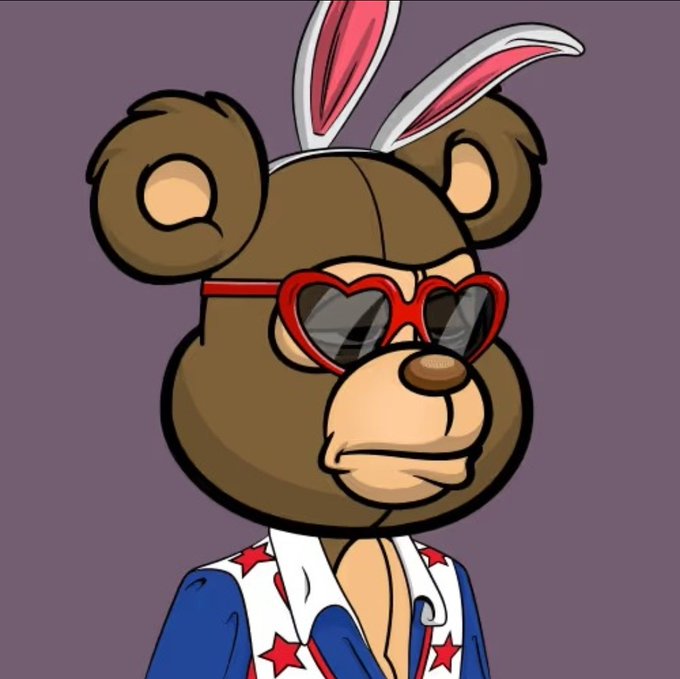 An NFT-style cartoon illustration of a brown bear wearing red heart-shaped sunglasses, white bunny ears, and an open blue and white star-patterned shirt.
