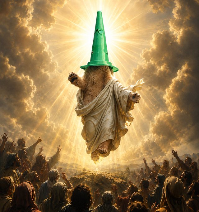 A surreal illustration shows a fluffy creature wearing a green traffic cone on its head and a white robe, floating in the sky with sunbeams behind it while a crowd of people below raise their hands in worship.