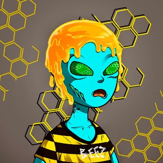 A cartoon-style digital illustration of a turquoise-skinned alien with dripping yellow hair and green eyes, wearing a black and yellow striped shirt, with the name "Beff" signed at the bottom.