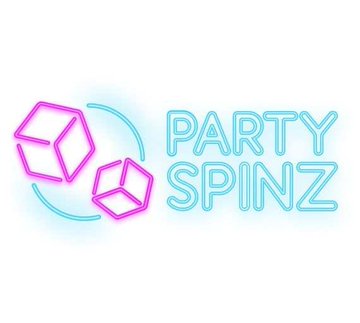 A neon-style logo for 'PARTY SPINZ' features two pink wireframe dice spinning along a cyan curved line against a white background.