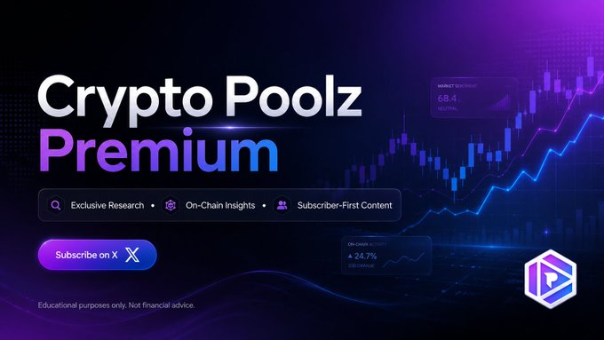 Promotional banner for 'Crypto Poolz Premium' advertising exclusive research, on-chain insights, and X subscription, showing a 68.4% market sentiment indicator.