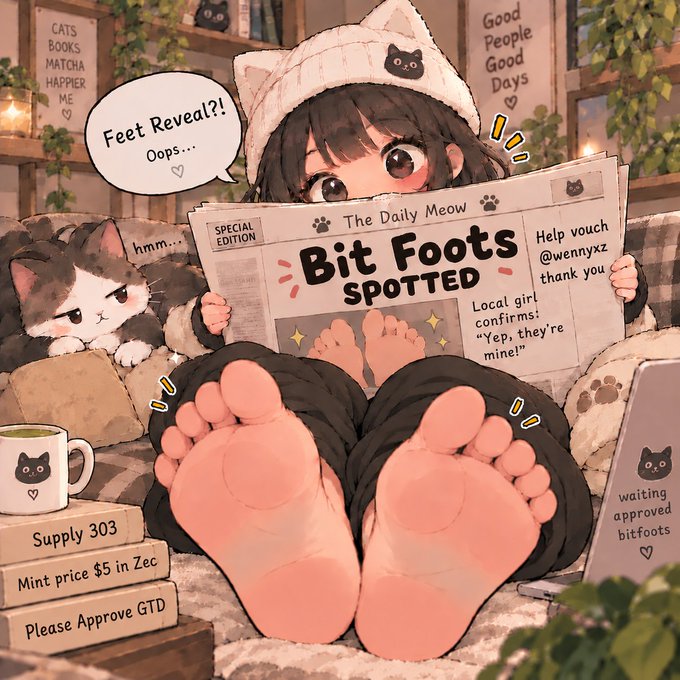 Anime-style illustration of a girl in a cat-eared hat reading 'The Daily Meow' newspaper with the headline 'Bit Foots SPOTTED' alongside a surprised cat. Text bubbles read 'Feet Reveal?! Oops...' and signs mention 'Supply 303', 'Mint price $5 in Zec', and 'Please Approve GTD'.