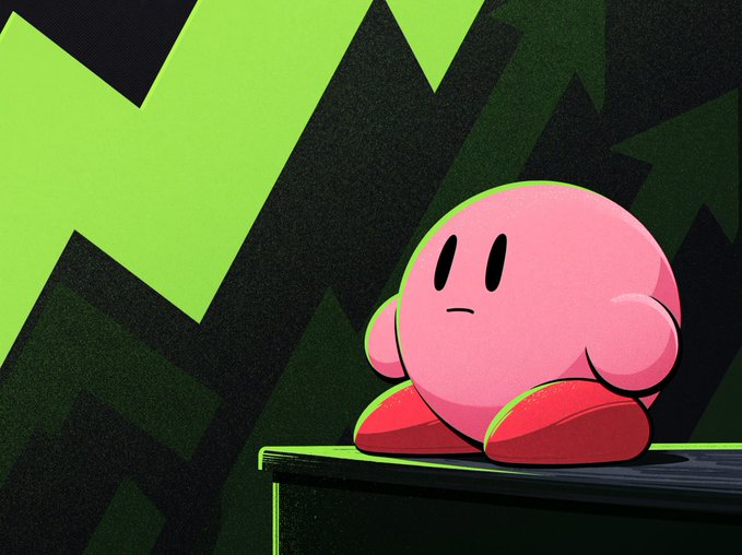 A digital illustration of Kirby, the pink Nintendo character, sitting on a green platform against a dark background with a large green star shape.