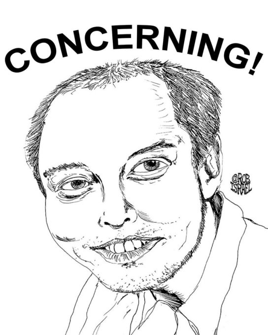 A black and white caricature drawing of Seth Rogen with the word "CONCERNING!" written in bold text above his head.
