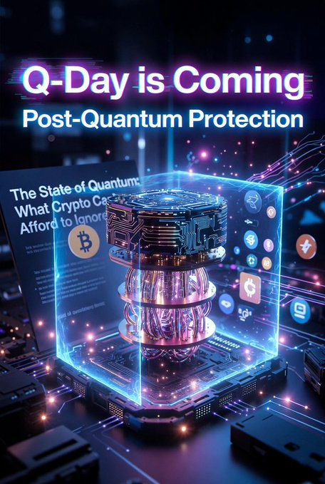 The image is a cover of an advertisement for the Q-day website. It features a 3D rendering of a computer tower, which is encased within a transparent box with vibrant neon lights surrounding it. The website's main message states that Q-day is coming and presents Post-Quantum Protection. This protection involves using Bitcoin native smart contracts to safeguard transactions on the Bitcoin network from the vulnerability of the Quantum cryptography protocol.