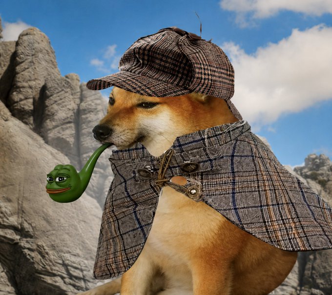 A digitally edited image of a Shiba Inu dog dressed as Sherlock Holmes, wearing a deerstalker hat and a plaid cape, smoking a pipe with a cartoon face on it.