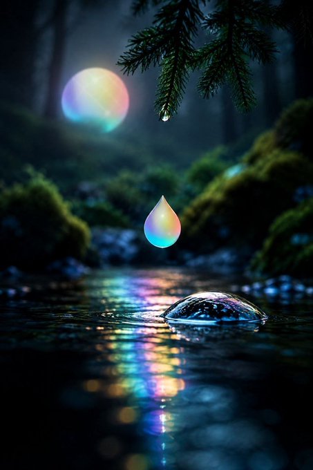 Atmospheric nature scene of an iridescent rainbow water droplet suspended mid-air above a forest pool, with another droplet resting on the water's surface and a glowing multicolored orb in the mossy background.