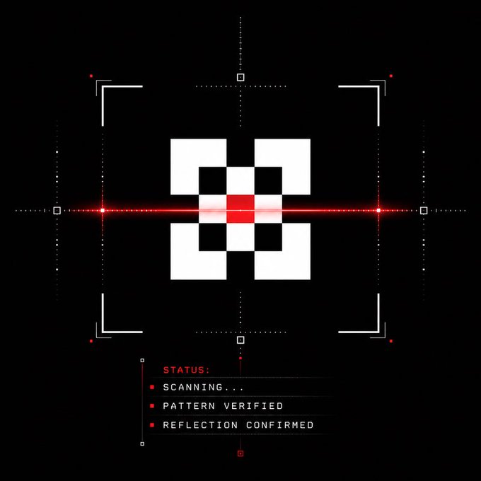 A digital targeting interface displays a central pixelated checkerboard pattern being scanned by a red laser, with status text reading "STATUS: SCANNING... PATTERN VERIFIED REFLECTION CONFIRMED," visually reflecting the "MirrorGlyph" project's reflective scanning concept and MG Pass collection.