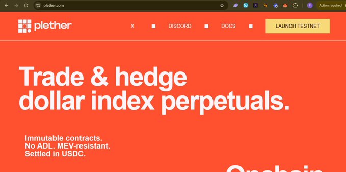 Screenshot of the plether.com website with an orange header, advertising 'Trade & hedge dollar index perpetuals' with features like immutable contracts, no ADL, MEV-resistant, and settled in USDC.
