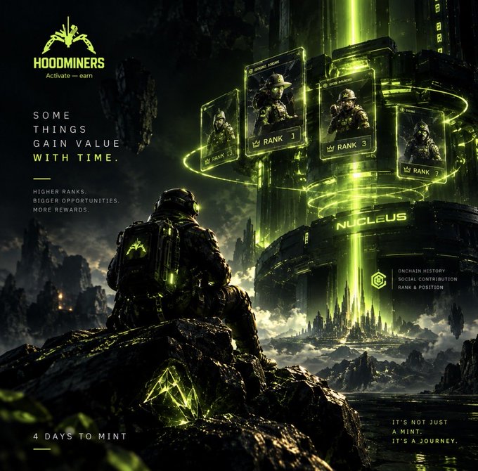 A promotional graphic for "HOODMINERS" featuring a futuristic soldier overlooking a glowing green city called "NUCLEUS," with ranked character cards (Rank 1, Rank 2, Rank 3, Rank 4) and text promoting activation, earning, and minting in 4 days.