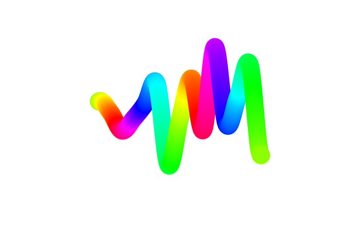 A colorful 3D rendered image of a wavy, twisted ribbon shape featuring a rainbow gradient of colors (red, orange, yellow, green, blue, purple, magenta) on a white background.