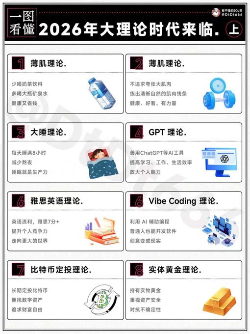 A Chinese infographic titled '一图看懂2026年大理论时代来临' (Understanding the 2026 Great Theory Era at a Glance) listing eight theories including 薄肌理论, GPT理论, 雅思英语理论, Vibe Coding理论, and 实体黄金理论 with short Chinese explanations.