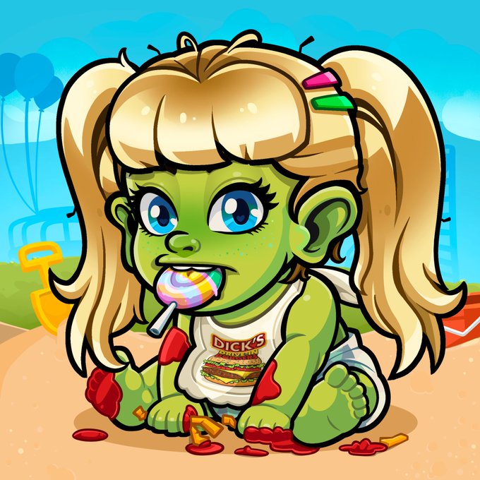 A cartoon illustration of a green-skinned baby girl with blonde pigtails eating a rainbow lollipop, wearing a bib with a 'DICK'S' burger graphic, with red sauce and fries scattered around her.