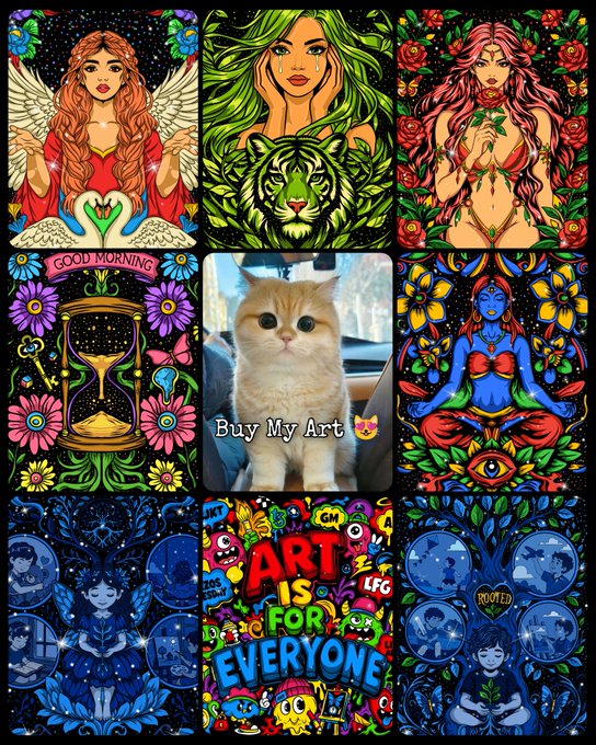 A collage of vibrant artwork panels featuring fantasy figures, flowers, a cat with 'Buy My Art' text, and an 'ART IS FOR EVERYONE' graphic.