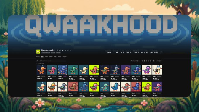 A screenshot of an NFT marketplace called 'Qwaakhood' displaying a collection of pixel-art duck-themed digital assets with various price listings.