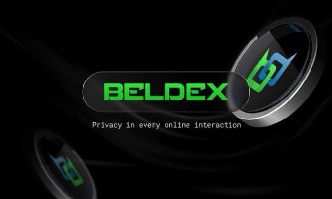 A logo for 'BELDEX' with the tagline 'Privacy in every online interaction' displayed on a dark background with a coin graphic.
