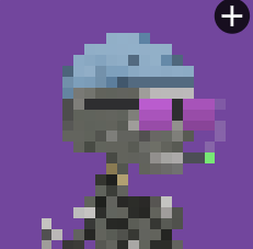 A pixel art avatar of a gray-skinned character with blue hair, pink visor-like glasses, and a dark jacket against a purple background, with a plus icon in the top right.