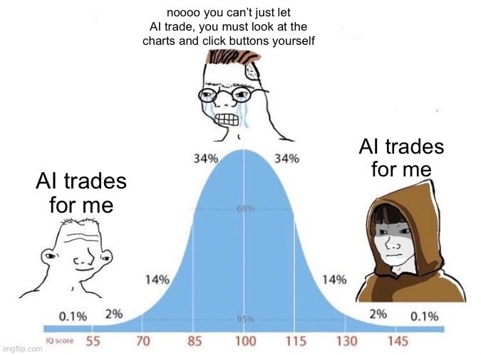 An IQ bell curve meme showing a crying wojak in the middle begging 'noooo you can't just let AI trade,' with high-IQ 'AI trades for me' characters on both the low and high ends of the distribution.