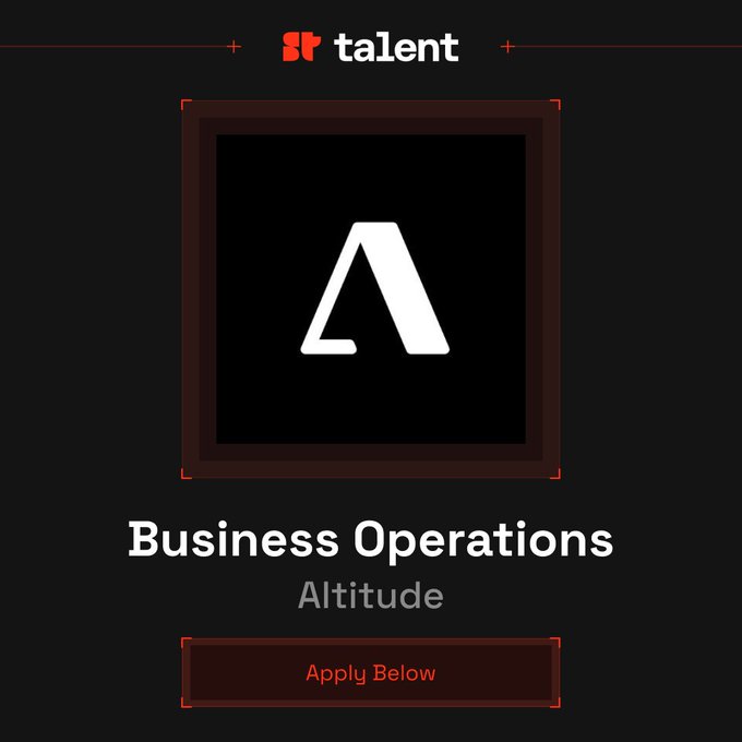 A job listing card from "sr talent" advertising a Business Operations role at Altitude, featuring the company's stylized "A" logo and an "Apply Below" call-to-action button, corresponding to the posted hiring announcement for the stablecoin-based financial platform.