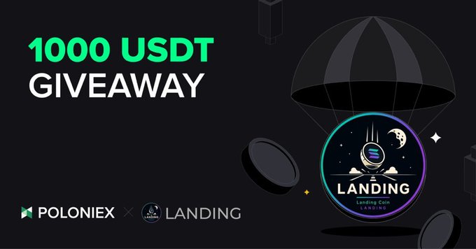 A promotional banner for a '1000 USDT GIVEAWAY' partnership between Poloniex and Landing, featuring a graphic of a parachute delivering a package with the Landing Landing Coin Landing token logo against a dark background.