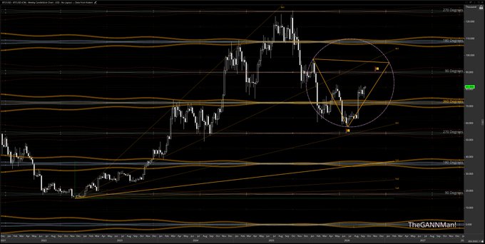 A Bitcoin candlestick chart with technical analysis annotations including Fibonacci levels, Gann lines, and a circled price action pattern on the right side, watermarked 'TheGANNMan'.