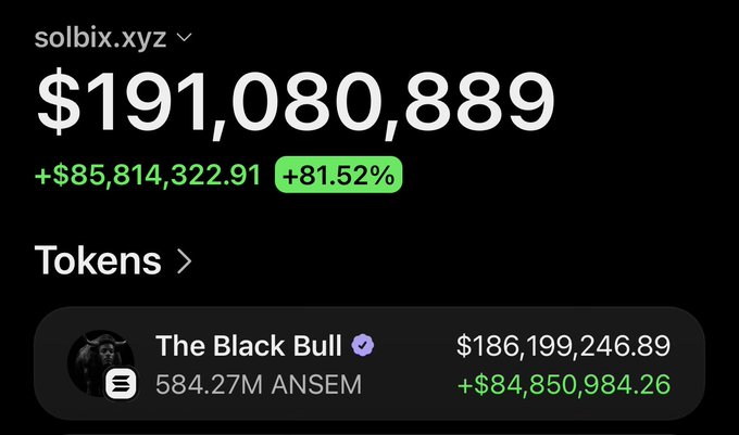 The image shows a portfolio tracker for solbix.xyz displaying a total value of $191,080,889 with an 81.52% gain, highlighting "The Black Bull" wallet holding $186,199,246.89 worth of 584.27M $ANSEM tokens—a figure consistent with the post's claim about Ansem's wallet reaching $186 million.