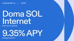 A blue promotional graphic advertises “Doma SOL Internet” with “9.35% APY,” “Strategy Vault Earn,” and a top status bar showing “9:41” and “10.39M.”