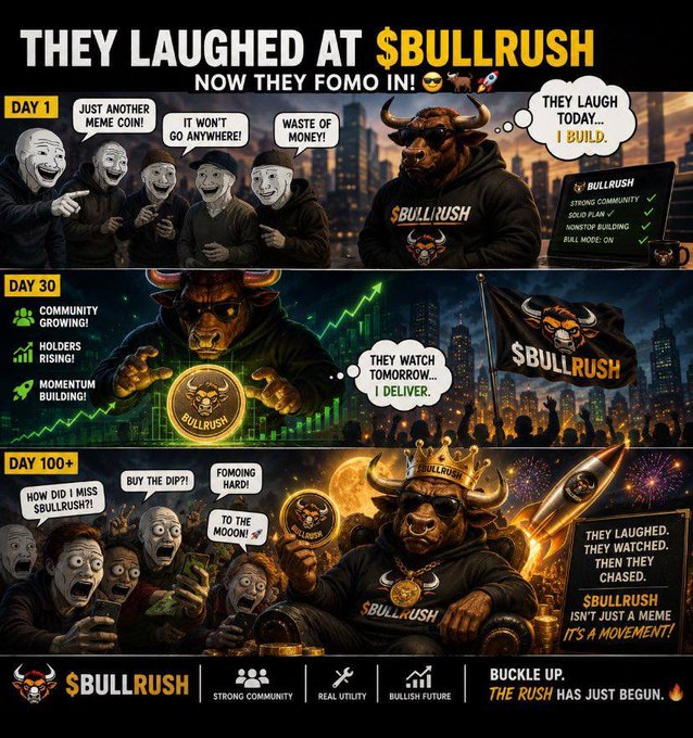 A three-panel crypto meme promotion for $BULLRUSH showing Day 1 skeptics, Day 30 community growth, and Day 100+ success, with taglines 'THEY LAUGHED AT $BULLRUSH NOW THEY FOMO IN!' and 'BUCKLE UP. THE RUSH HAS JUST BEGUN.'