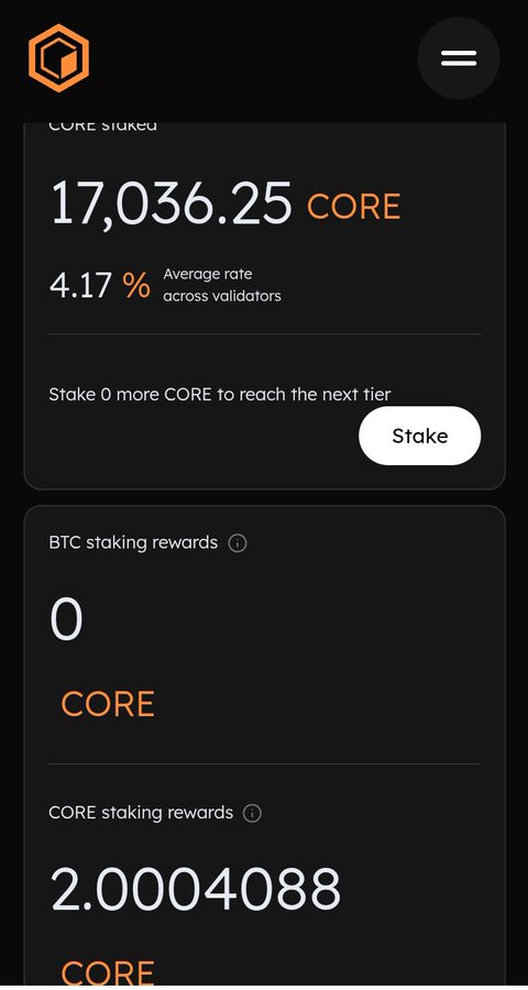 The image displays a Core staking dashboard showing a user has 17,036.25 CORE staked at a 4.17% average rate across validators, with current BTC staking rewards of 0 CORE and CORE staking rewards of 2.0004088 CORE. This relates to the post by illustrating a Coretoshis user's active staking position while highlighting how the current 4.17% APR may decrease as more $CORE gets staked across the network, diluting individual rewards.