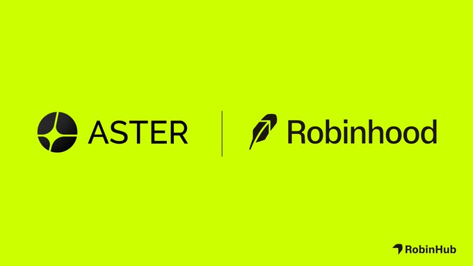 A bright green graphic displaying the "ASTER" and "Robinhood" logos side-by-side, separated by a vertical line, with the "RobinHub" watermark in the bottom right corner. The image visually represents the post's announcement of Aster DEX's integration with Robinhood Chain for USDG deposits and withdrawals.