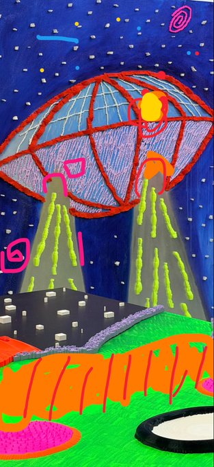 A vibrant digital artwork depicts a futuristic UFO with glowing yellow lights hovering over a neon green and orange landscape beneath a starry blue night sky. The post's "LOADING 90%" message mirrors the artwork's otherworldly, sci-fi aesthetic, as if the scene itself is a transmission still buffering into view.