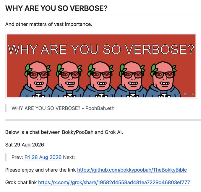 A blog post titled 'WHY ARE YOU SO VERBOSE?' featuring a row of cartoon characters with pink skin and glasses, with links to PoohBah.eth and TheBokkyBible GitHub repository.