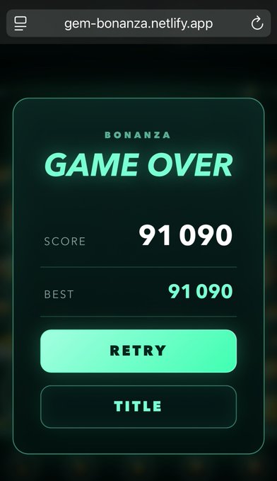 The image shows a phone screen with a game score displayed, which reads "91.990" along with a green button labeled "Retry". The title of the app is "Gem-Bonanza.NETLY.APP", indicating that this is an application for playing games on the internet.