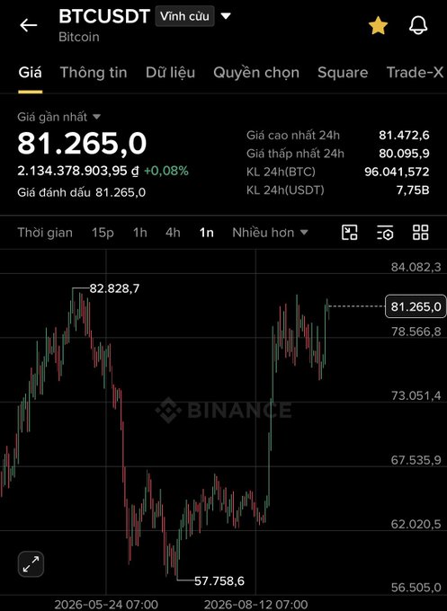 A Binance trading chart shows Bitcoin (BTCUSDT) at a price of 81,265.0 USDT with a 24-hour high of 81,472.6 and a low of 80,095.9.