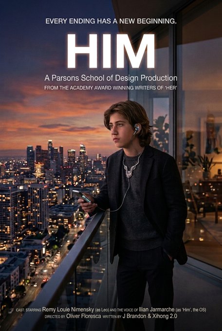 A movie poster titled 'HIM' with the tagline 'EVERY ENDING HAS A NEW BEGINNING.', describing it as 'A Parsons School of Design Production FROM THE ACADEMY AWARD WINNING WRITERS OF HER', starring Remy Louie Nimensky as Leo and the voice of Ilian Jarrmarche as 'Him' (the OS), directed by Oliver Floresca.