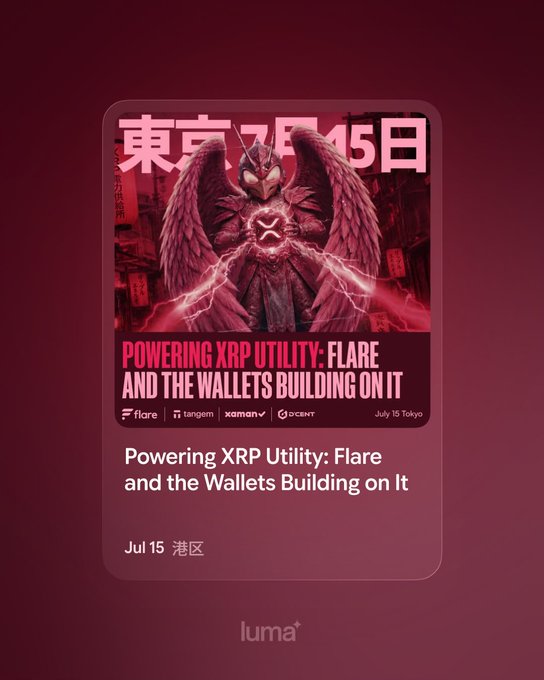 The image is a red-toned promotional poster for a WebX2026 side event titled "Powering XRP Utility: Flare and the Wallets Building on It," featuring an angelic figure with an XRP logo on its chest, scheduled for July 15 in Tokyo. It also lists partner brands Flare, Tangem, Xaman, and D'CENT, matching the post's announcement of a special one-night-only collab event with Flare running from 18:00 to 21:00.