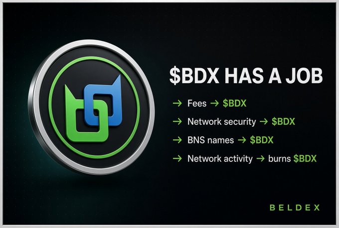 A Beldex (BDX) cryptocurrency infographic titled "$BDX HAS A JOB" explaining that fees, network security, and BNS names use $BDX while network activity burns $BDX.