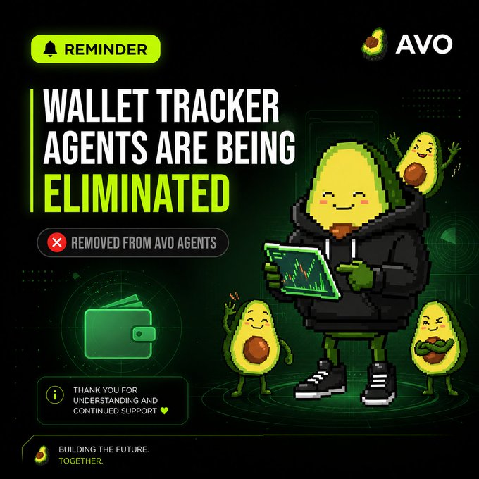 Avo announcement graphic featuring avocado mascots with the text 'REMINDER: WALLET TRACKER AGENTS ARE BEING ELIMINATED - REMOVED FROM AVO AGENTS' and 'THANK YOU FOR UNDERSTANDING AND CONTINUED SUPPORT.'