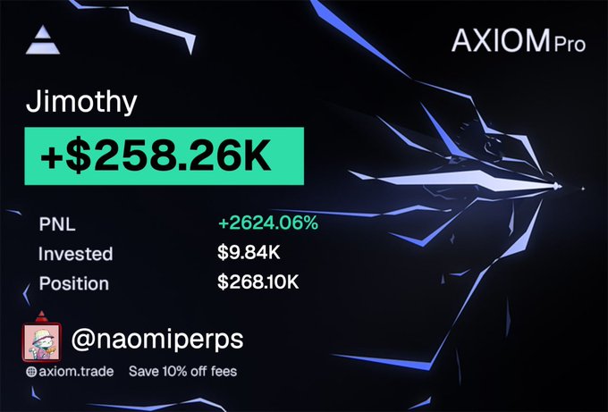 A promotional graphic for AXIOM Pro showcases trader "Jimothy" with a profit of +$258.26K and a PNL of +2624.06%, along with details showing $9.84K invested growing into a $268.10K position. The image aligns with the post celebrating how holding $Jimothy through skepticism led to over $250k in profit within a week, reinforcing the message about finding opportunity in the crypto trenches.
