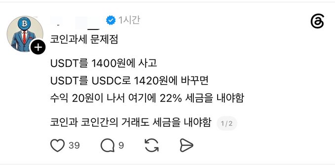 A screenshot of a Threads post by a user with the title "코인과세 문제점" (Problems with Crypto Taxation), explaining how buying USDT at 1,400 won and converting to USDC at 1,420 won would result in approximately a 20 won gain being taxed at 22%, demonstrating the issue of taxing small crypto-to-crypto transactions between coins and coin-to-fiat exchanges.