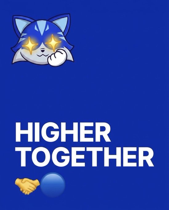 A cute blue cat mascot with starry eyes gives a thumbs up above the bold text "HIGHER TOGETHER," paired with a handshake emoji, perfectly capturing the celebratory, community-driven sentiment of the $TOSHI post about thriving together on Base.