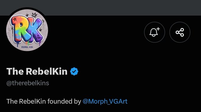 The image shows the Twitter/X profile of "The RebelKin" (@therebelkins), featuring a colorful graffiti-style "RK" logo with a crown, and notes it was founded by @Morph_VGart. This appears to be a promotional post for an upcoming NFT collection on the Ethereum chain, teasing details like the 4-figure supply and 1,000 guaranteed giveaways ahead of the official launch.