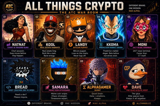 The image features a poster for an event called "All Things Crypto" with various cartoon characters representing different cryptocurrencies such as Bitcoin, Etherium, Ripple, Litecoin, and others. The poster also includes information about the event's location, time, and the names of some of the featured characters.