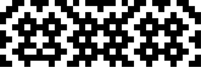 A high-contrast black and white pixel art pattern composed of repeating geometric shapes and grid-like structures.