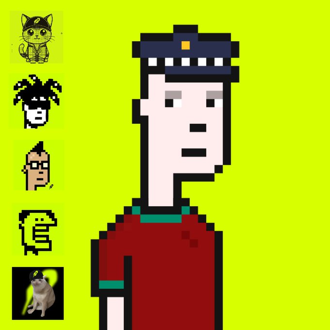 A pixel art portrait of a pale-faced character wearing a red shirt and a black cap, displayed alongside smaller pixel art sprites of cats and other characters on a bright green background.