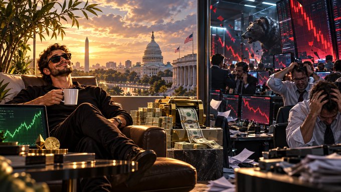 A contrasting split image showing a relaxed man with gold and rising charts on the left, and stressed traders looking at falling red charts with a bearish statue on the right.