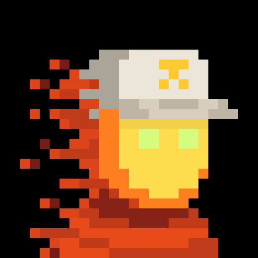 A pixel art character with a gray cap featuring a yellow 'T' emblem, yellow face with green eyes, and orange/red pixelated dissolve trailing to the left.