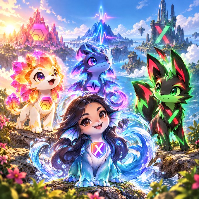 Vibrant anime-style fantasy artwork featuring a cute girl with long dark hair surrounded by water magic and three chibi creature companions—an orange flame lion, a purple spirit wolf, and a green fox—with crystal castles and symbols in the background.