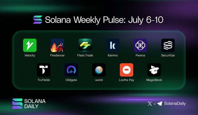 The image is a graphic titled "Solana Weekly Pulse: July 6-10" featuring 11 project icons with names including Velocity, Firedancer, Flash.Trade, Kamino, Perena, Securitize, TruYields, Obligate, World, Loofla Pay, and MagicBlock, branded with "Solana Daily" and "SolanaDaily" at the bottom. It visually highlights the projects and infrastructure updates (such as the Firedancer changelog and new releases) covered in the weekly Solana ecosystem recap.