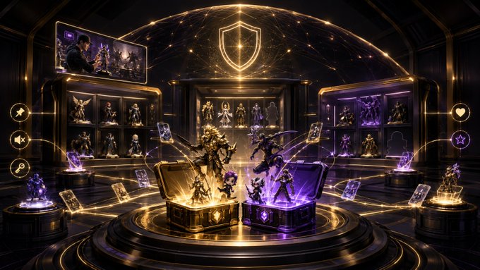 A futuristic gaming NFT marketplace interface displaying armored character figurines in glowing treasure chests, with a Twitch stream visible and UI elements for browsing digital collectibles.